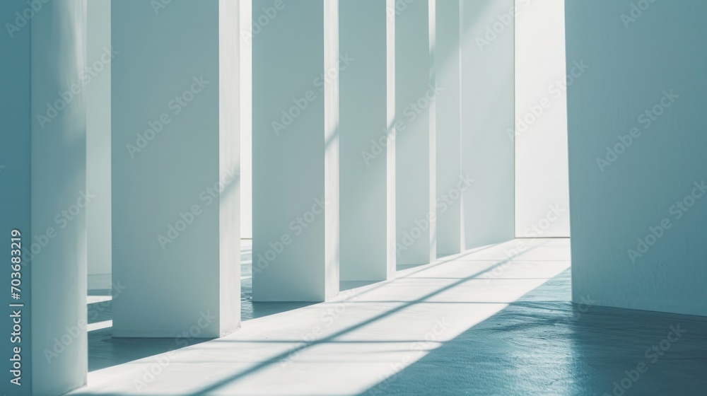 a row of white columns in a room with a light coming in from the top of ...