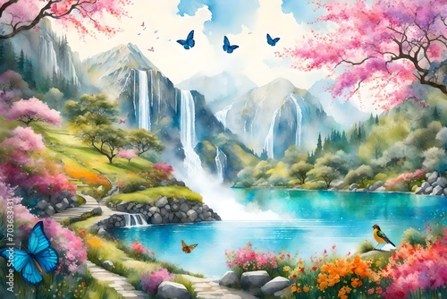 A lively Mountain Orchard Spring, featuring cascading waterfalls, colorful butterflies, and birds, a harmonious blend of nature's elements, the air filled with the scent of blooming flowers © usama