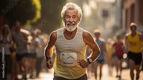 An older senior man participating in a running marathon. strong senior man run for the winner. copy space for text.