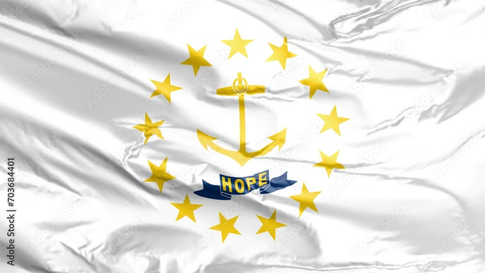 Waving flag of Rhode Island State, RI, USA. 4K seamless loop 3D render animation. Beautiful high detail fabric cloth satin texture with wrinkles. Fullscreen close up, slow motion