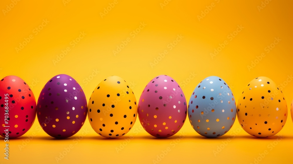 Easter delight: vibrant, colorful easter eggs on a sunny yellow background - festive holiday decor Easter delight: vibrant, colorful easter eggs on a sunny yellow background - festive holiday decor
