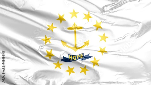 Waving flag of Rhode Island State, RI, USA. 4K seamless loop 3D render animation. Beautiful high detail fabric cloth satin texture with wrinkles. Fullscreen close up, slow motion photo