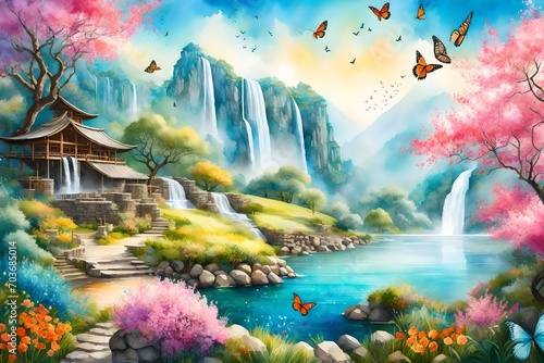 A lively Mountain Orchard Spring, featuring cascading waterfalls, colorful butterflies, and birds, a harmonious blend of nature's elements, the air filled with the scent of blooming flowers