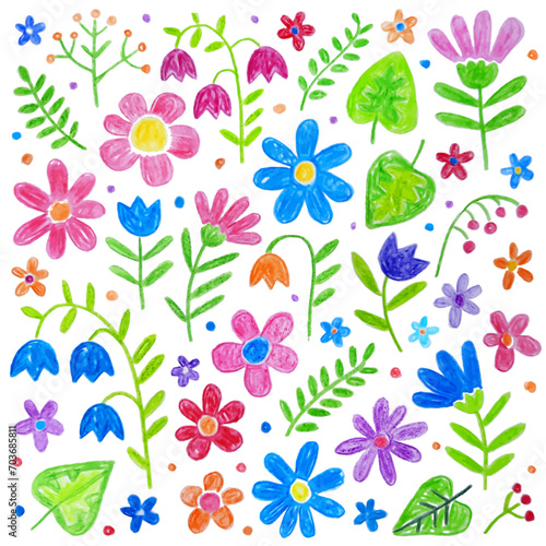 Doodle drawing by hand with colored pencils. Drawings with crayon. Colorful flowers and plants. Cute childish funny illustrations.