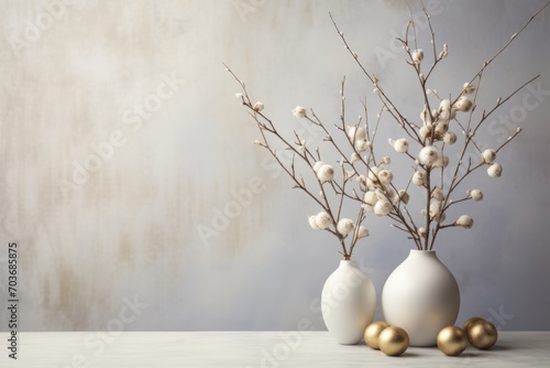 Two elegant white vases adorned with gold ornaments, showcasing beautiful white flowers
