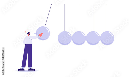 Businessman in front of newton's cradle with a chat bubble, effect of speech or communication, Gossip and fake news