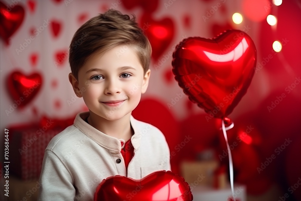 Portrait of a cute little boy with red heart-shaped balloons Portrait of a cute little boy with red heart-shaped balloons