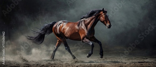  a horse is galloping through the dust in a dark, foggy, foggy, and foggy area of an area that appears to be in the foreground. © Natalja