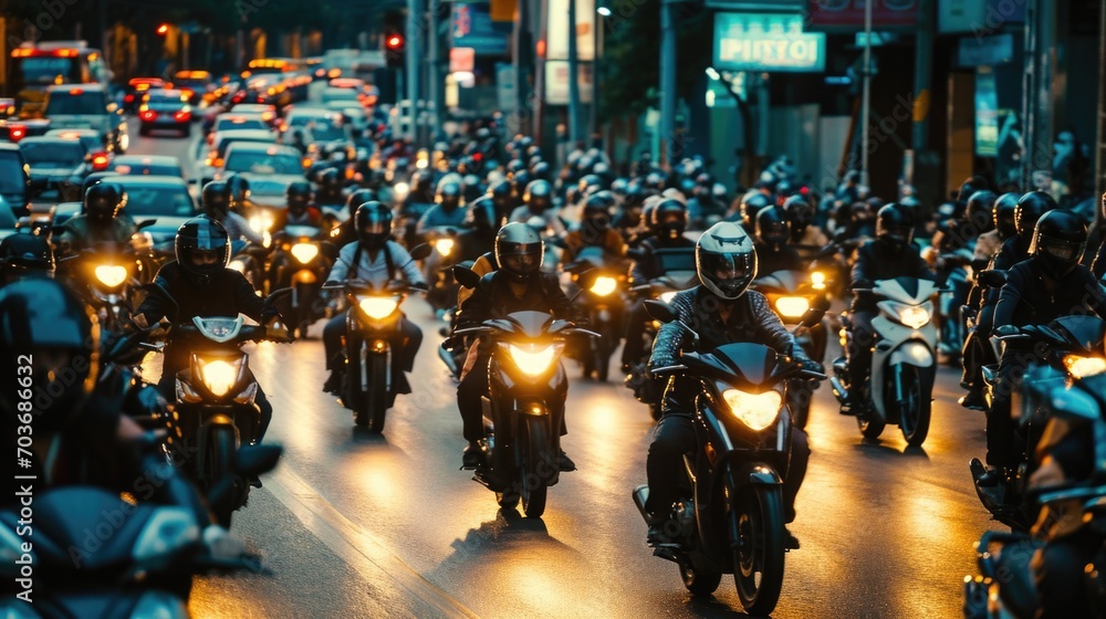 Busy city street from above, illustrating heavy motorcycle traffic in an Asian metropolis.