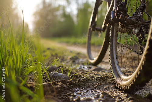 Mountain biking, intense, close - up, muddy, spring. 