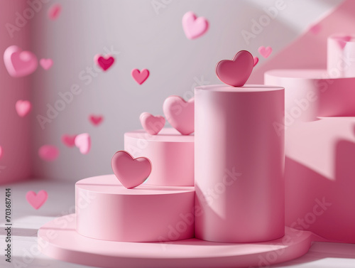 3d cylinder podium in Valentine day theme decorated with hearts. Backdrop scene for product display.
