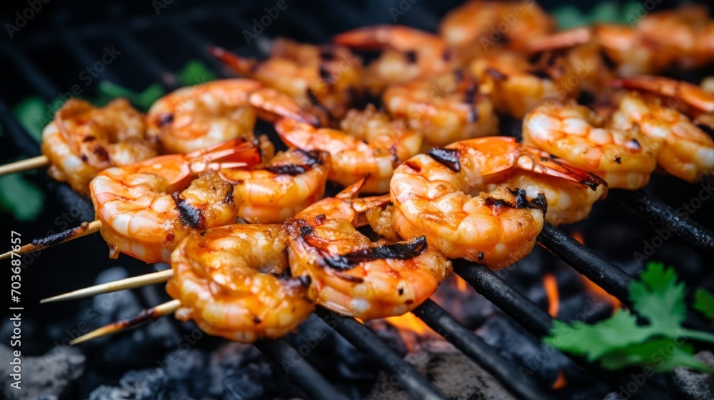 Skewers of marinated BBQ prawns grilling to perfection Skewers of marinated BBQ prawns grilling to perfection