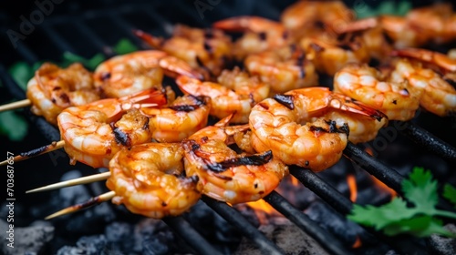 Skewers of marinated BBQ prawns grilling to perfection