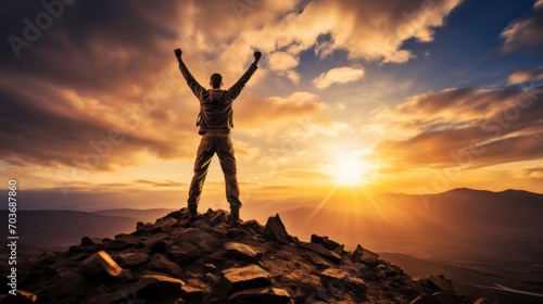 Man celebrating on a mountaintop with arms raised in victory