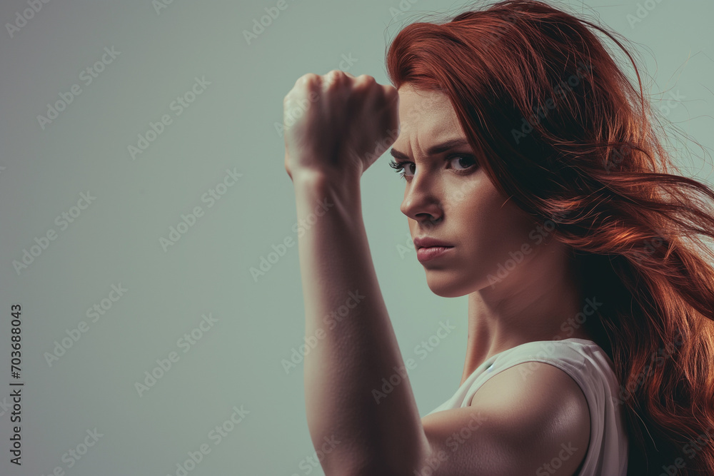 Fototapeta premium woman with flowing hair with raised fist, girl power