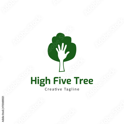 Tree With High Five Hand Negative Space, Nature Eco Joyful Logo Template Vector Icon