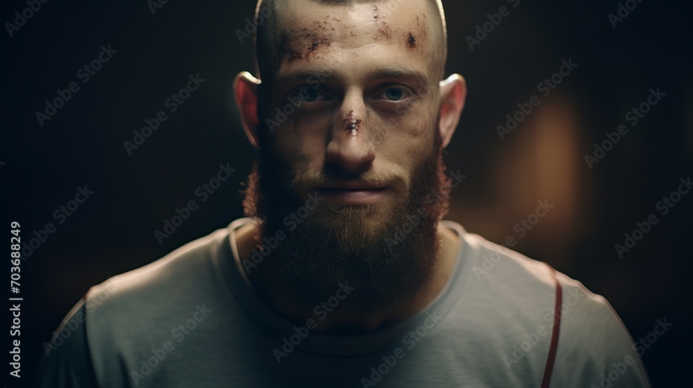 Obraz premium Strong Bearded Man with Minor Facial Injuries