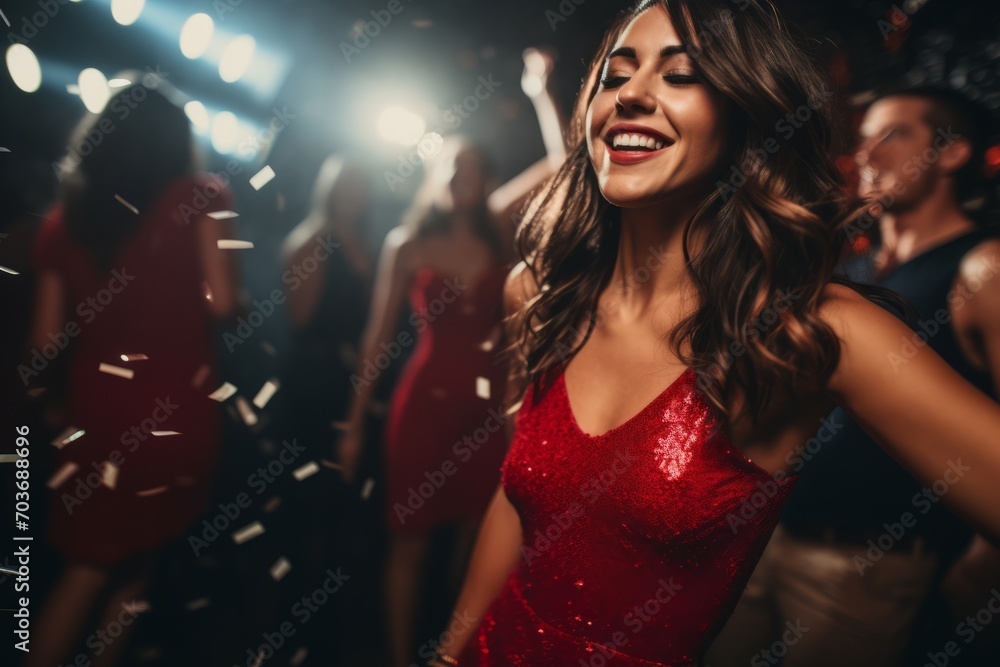 Portrait of a beautiful young woman in a red dress dancing in a nightclub.