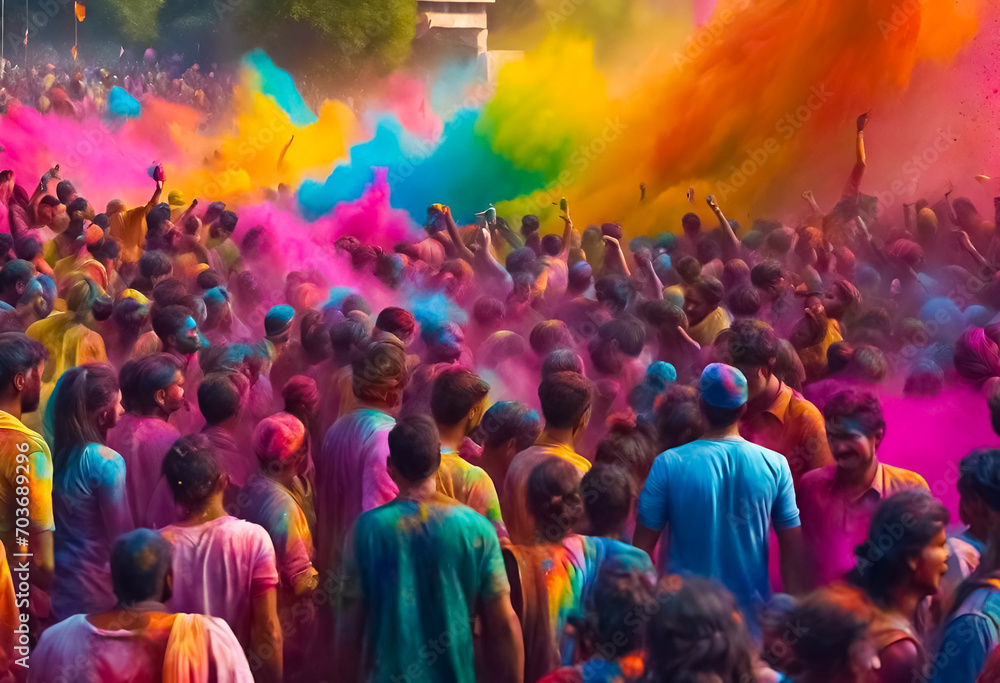 AI Generative illustration of a traditional Holi Festival of Colour scene AI Generative illustration of a traditional Holi Festival of Colour scene