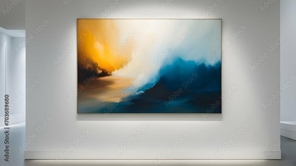 Abstract painting hung on a stark white gallery wall, exuding minimalist mystery