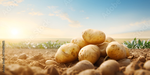 Fresh organic potatoes in the field, close up.with copy space for text,potatoes field,Wholesome Delight: A Journey into Healthy and Tasty Veg Fried Rice,excellent harvest of large potatoes in the fiel photo