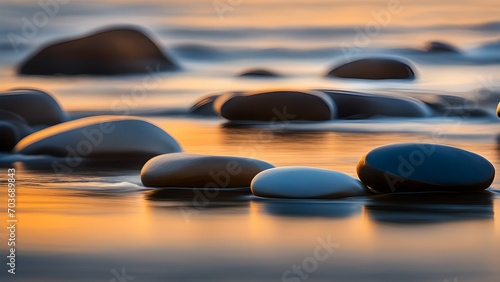 Pebble  arranged with minimalist precision on rocky shore  gentle waves lapping at edges  serene