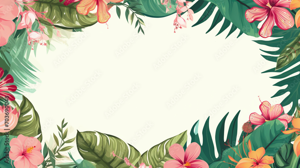 Tropical leaves and large exotic flowers frame Tropical leaves and large exotic flowers frame