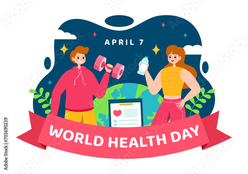 World Health Day Vector Illustration on April 7th with Earth and Medical Equipment for the Importance of Healthy and Lifestyle in Cartoon Background