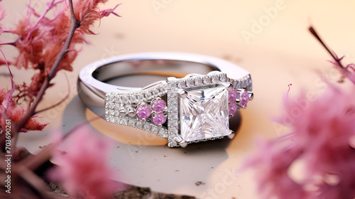 Eternal Bond: Elegant Rose Gold Diamond Wedding Rings on Glittering Background,Commercial studio photo of a stunning engagement ring. Jewelry for marriage proposal. Precious exquisite ring.generated  photo
