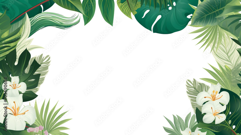 Tropical leaves and large exotic flowers frame - obrazy, fototapety, plakaty 