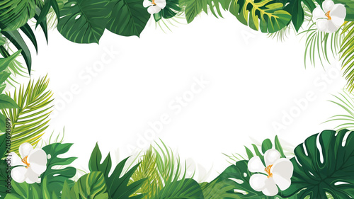 Tropical leaves and large exotic flowers frame photo