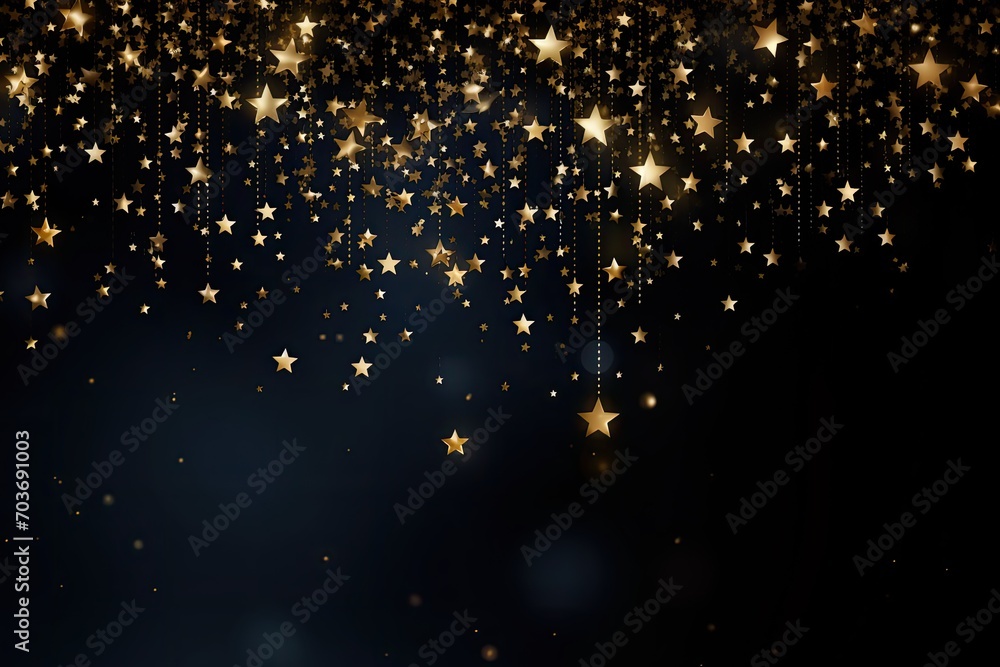 Fototapeta premium Abstract festive dark background with gold stars, Generative AI