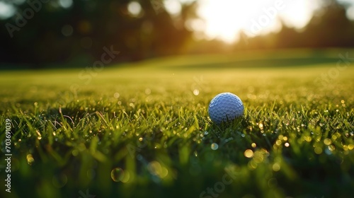 Golf ball on the green grass ready to be shot at sunset. Banner copy space.