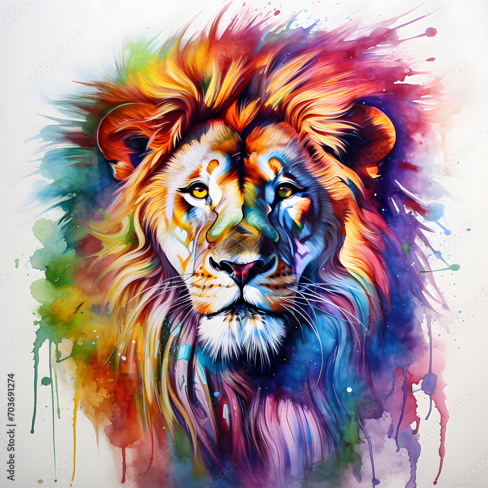 An artistic watercolor representation of a majestic lion, its mane flowing with vibrant hues.no.03
