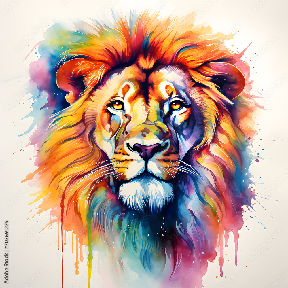 An artistic watercolor representation of a majestic lion, its mane flowing with vibrant hues.no.02