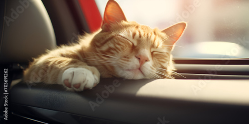 A brown and white cat, peacefully curled up, graces homes worldwide,Lazy little kitten lying on a car,Sleeping Cat. A brown and white cat, peacefully curled up, graces homes worldwide,Generative AI photo