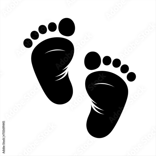 Vector of a pair of baby feet placed over a white background. Baby's feet in black silhouette form with fine line detail to show skin folds, giving texture and depth to the illustration. Vector Eps10