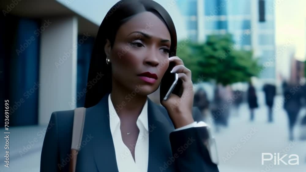 Mujer de emprearia o de negocios afroamericana delante de un edifico de negocios hablando con el movil Mujer de emprearia o de negocios afroamericana delante de un edifico de negocios hablando con el movil