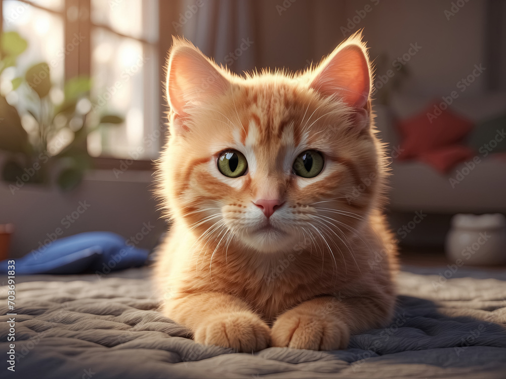 Cute ginger cat lying on bed at home. Fluffy pet. Generative Ai