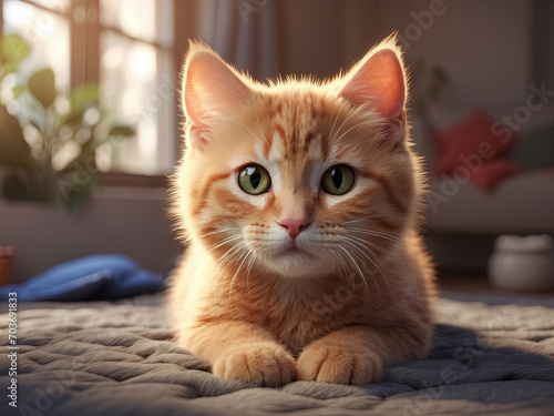 Cute ginger cat lying on bed at home. Fluffy pet. Generative Ai © Alexandra
