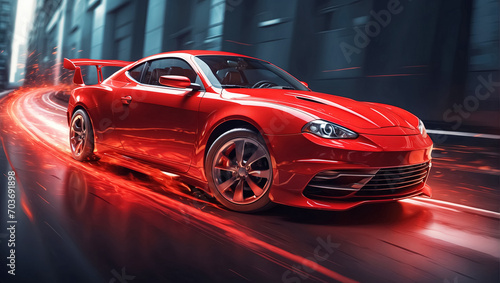 Red sports car on the road with motion blur. Generative Ai