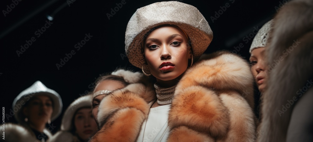 Fashion models wearing elegant fur coats at high-end runway show. Luxury fashion and style. Banner.