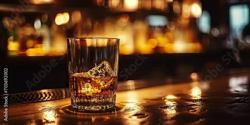Golden elegance. Sophisticated composition of whiskey tumbler on wooden table featuring rich amber hues ice cubes and luxurious atmosphere for opulent bar experience