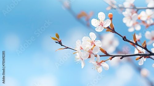 Beautiful spring flowers abstract nature background. Macro branches of blooming apricots in soft focus on a soft light blue sky background. with copy space - generative ai