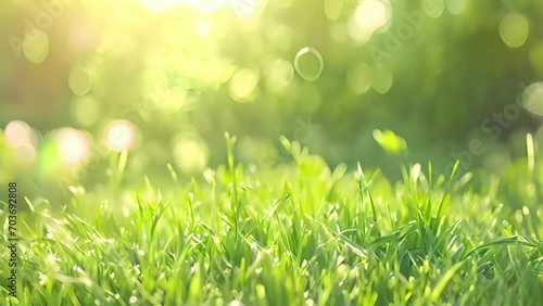 Fresh spring meadow with sunlight flare. Nature background with green grass.