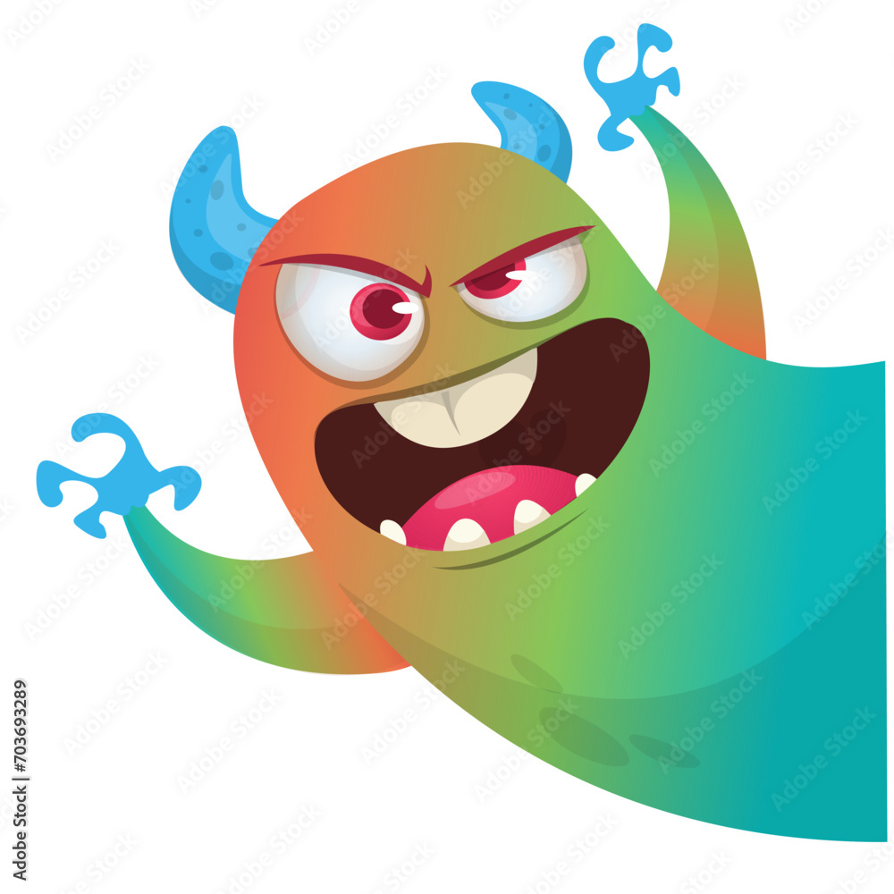 Cartoon funny monster with scary face expression waving hands . Vector illustration isolated on white. Halloween design or party decoration Cartoon funny monster with scary face expression waving hands . Vector illustration isolated on white. Halloween design or party decoration