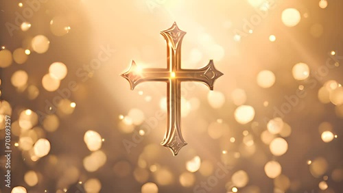 Golden cross with sparkling lights in background. Spirituality and religion. photo