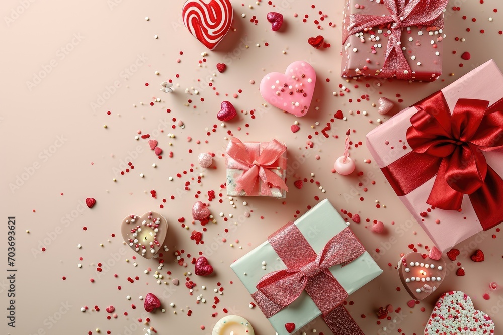 Valentine's Day concept. Top view photo of gift boxes with ribbon bows heart shaped candies candles Valentine's Day concept. Top view photo of gift boxes with ribbon bows heart shaped candies candles