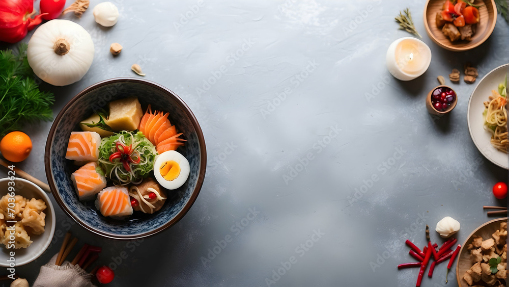 Japanese culinary excellence on display: Irresistible dishes with enticing toppings and copy space, beautifully arranged on a white plate.
