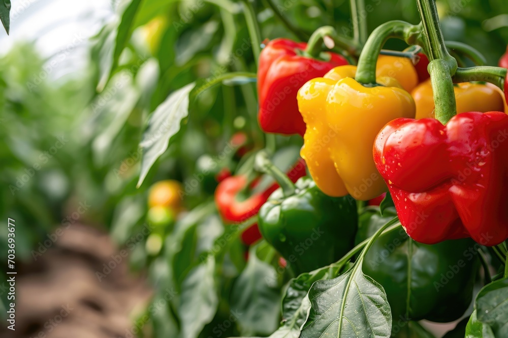 Growing sweet peppers in a greenhouse close-up. Growing sweet peppers in a greenhouse close-up.
